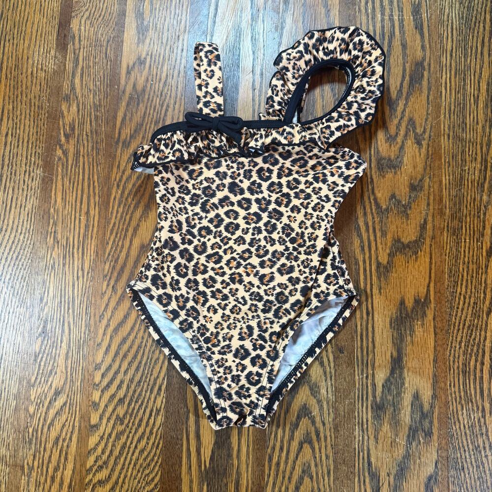 Coral Cove Girls Leopard Print One Piece Swimsuit 3T Ruffle Bow Black Trim